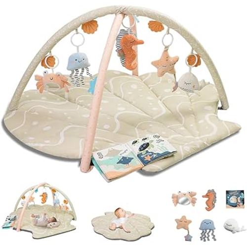 Baby Play Mat, Oversize Shell Tummy Time Mat with 6 Detachable Baby Activity Toys, Baby Gyms & Playmats for Babies 0-6 Months, Baby Mat for Floor Newborn Baby Shower Gifts (Beige)