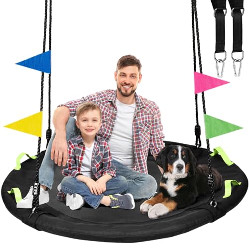 48 Inch Tree Swing, Larger Saucer Flying Swing for Outdoor Backyard, Black | 900lbs Weight Capacity, with Adjustable Hanging Straps, Swing Sets for Backyard