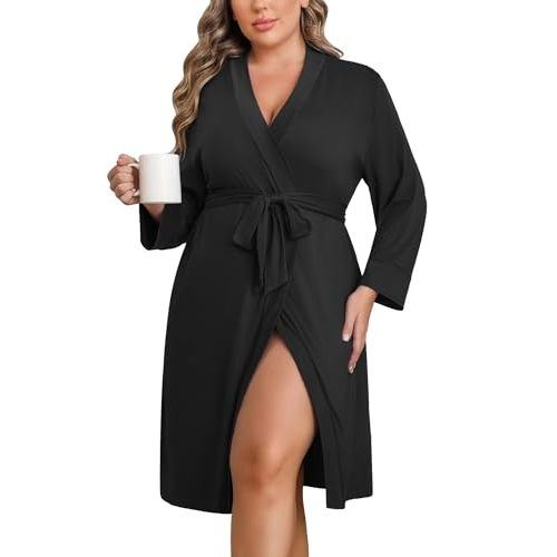 Ekouaer Women Plus Size Robe Knee Length Lightweight Bathrobe Short Kimono Robes with Pockets Maternity Robe 1X-5X