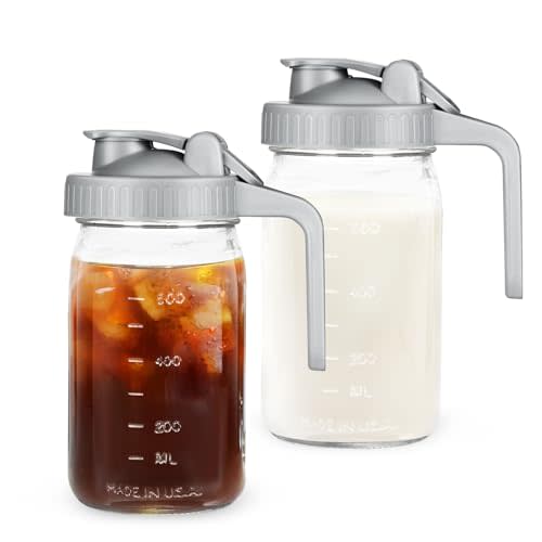 Creamer Pitcher Jar with Lid - 2 Pack No Leak 32oz Airtight Mason Jar with Pour Spout Lid, Classic Wide Mouth Jug Easy to Clean, Ideal for Coffee, Breastmilk, Iced & Sun Tea, Juices