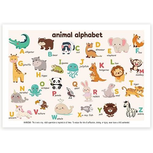 60 Pack Disposable Placemats for Baby, 12"x18" Sticky Placemats for Toddlers, Disposable Baby Placemats for Kids Restaurant & Travel, Animal Alphabet Design
