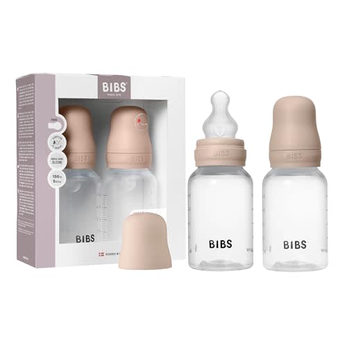 BIBS Plastic Baby Bottle, 150 ml, 2-Pack, Silicone Nipple, Blush | Anti-Colic | Slow Flow | BPA-Free Plastic | Supports Breastfeeding | Made in Denmark | Familiar BIBS Nipple