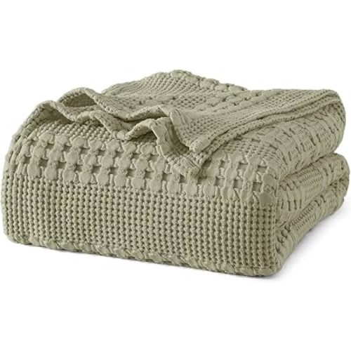 PHF Lightweight 100% Cotton Waffle Blanket for Bed, King, Dusty Sage