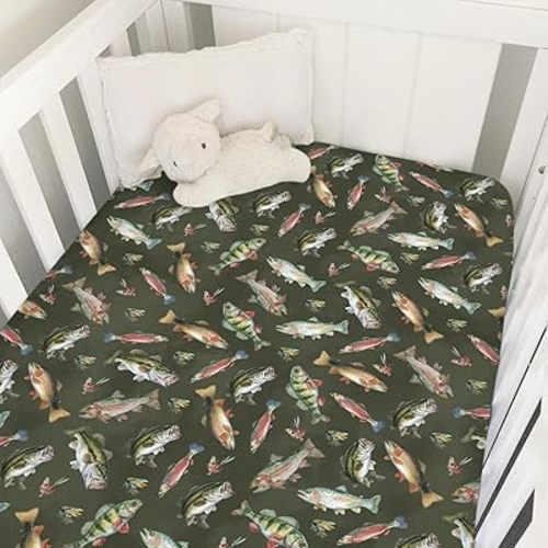 Neutral Fishing Baby Crib Sheets for Boys Vintage Bass Fishes Trout Soft Snug Fitted Crib Mattress Covers for 52''x28'' Standard Crib & Toddler Bed Mattress Outdoor Fishing Lovers Gift Baby Sheets