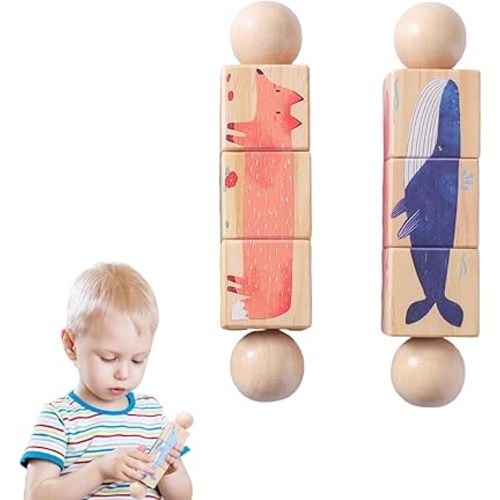 Promise Babe Wooden Animal Puzzle Toy for Toddlers 1-3, Rotating Spin Twist Blocks Set of 2, Learning Educational Montessori Toy Gifts for Kids Boys Girls, Whale and Fox