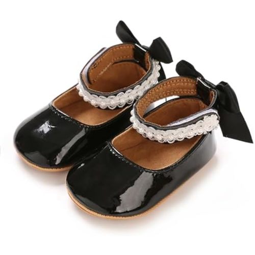 Baby Girls Mary Jane Flats, Non Slip Soft Sole, PU Leather Bowknot Dress Shoes, Newborn Infant Toddler First Walker, 0-18 Months