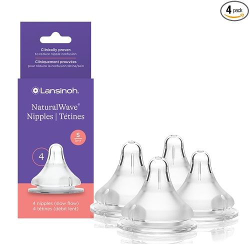 Lansinoh NaturalWave Baby Bottle Nipples, Slow Flow, Size S,1+ Month, 4 Count – 100% Soft, Durable Silicone, Made Without BPA BPS, Anti-Colic, Supports Baby’s Developing Mouth and Teeth