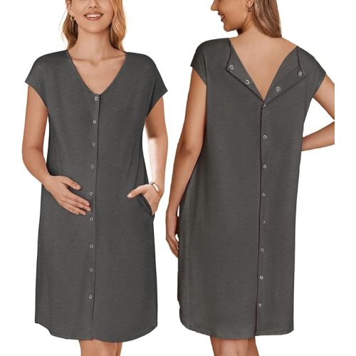 Ekouaer Labor/Delivery/Hospital Gown Nursing Nightgown Maternity Sleepwear With Pockets Postpartum Gowns with Button S-XXL