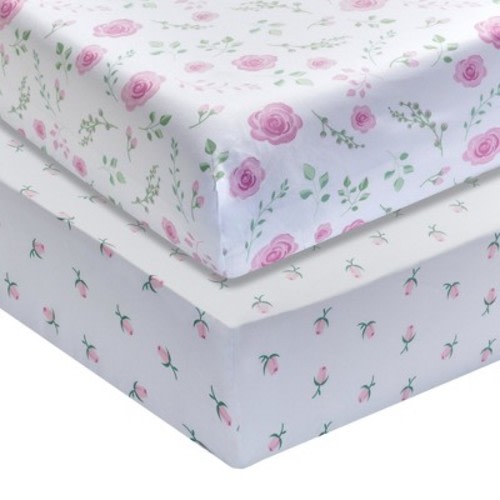 Everyday Kids 2 Pack Fitted Girls Crib Sheets, Soft Breathable Microfiber, Fits Standard Crib Mattress 28"x52", White & Pink Floral Design