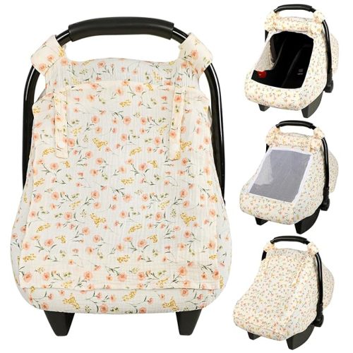 Car Seat Cover Baby Girls, Infant Car Seat Cover for Summer Use, Muslin Cotton Carseat Cover with Large Mesh Window , Breathable Newborn Car Seat Canopy, Red Flower