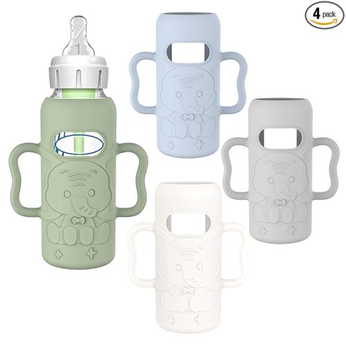 KingKam 4 Pack Silicone Sleeves for Dr. Brown's Glass Baby Bottles, Drop Protection Bottle Sleeves with Handles, Compatible with Dr. Brown's Anti-Colic Options+ Narrow Glass Baby Bottles, 8 oz/250 mL