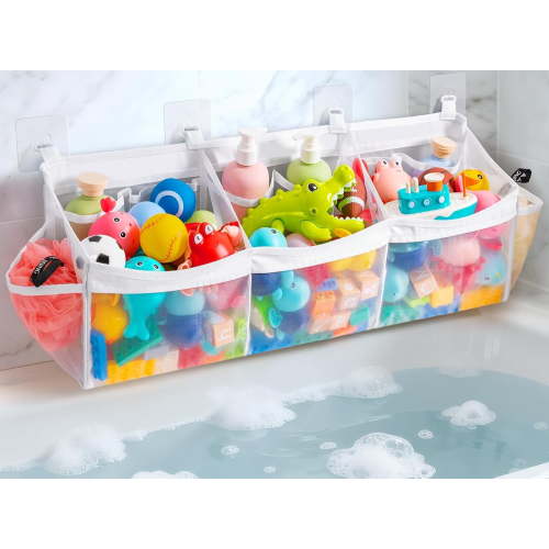 Extra Large Bath Toy Organizer with 3 Compartments and Multiple Pockets, Quick-Dry Mesh Bathtub Storage for Kids' Toys
