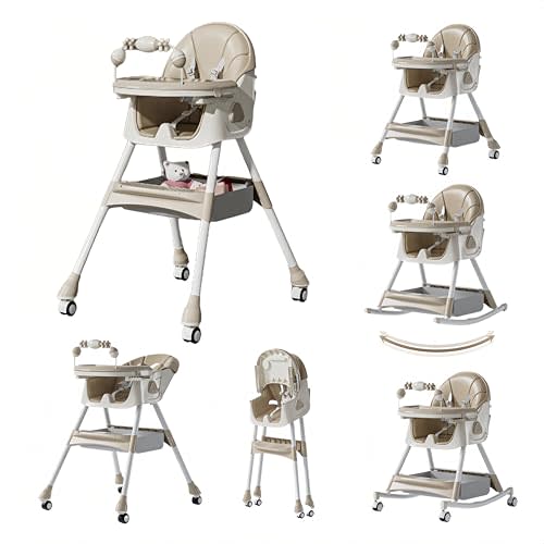 PU Leather Baby High Chair with Rocking Mode for Babies and Toddlers, Foldable Baby Eating Chair with Adjustable Backrests and Heights, Convertible Highchairs with Wheels (Khaki)