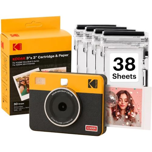 KODAK Mini Shot 3 Retro 3x3 Instant Camera, Photo Printer, 38 Sheet, White | Bluetooth, iPhone & Android Smartphone Compatible, 13MP Camera, Retake Before Printing, Water, Fingerprint & Fade Resistant
