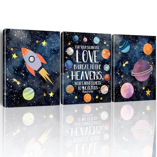 Yuzi-n Outer Space Decor for Boys Room, Wall Art Decor for Teen Boy Bedroom Nursery Toddler Boys Room, Inspirational Space Bible Verse Psalm 57:10 Posters Set of 3 (12x15 Inch)
