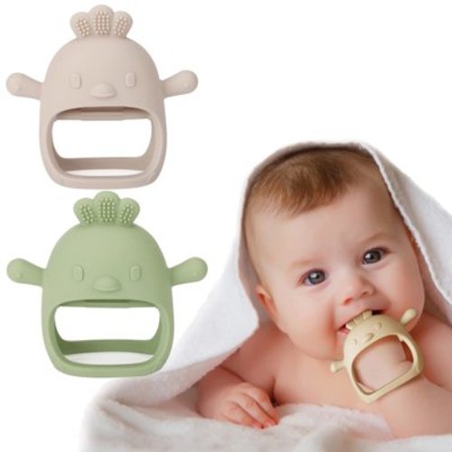 Silicone Baby Teether Toy for Infants 3+ Months, BPA Free Anti-Drop Silicone Mitten Teething Toy for Soothing Sore Gums, Baby Chew Toys for Sucking Needs, Beige+Olive