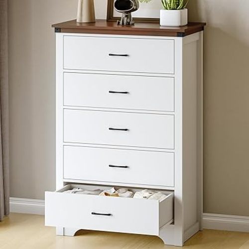 Airynee Farmhouse 5 Drawer Dresser for Bedroom, 47" Tall Chest of Drawers, Wood White Dresser with Deep Drawers, Storage Dressers Organizer for Bedroom, Living Room, Hallay, White