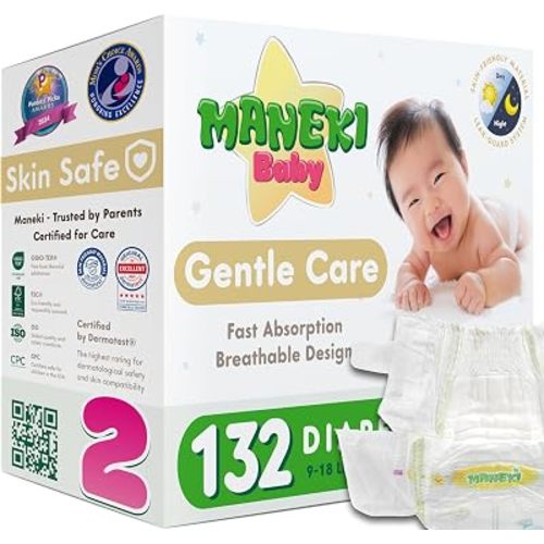 MANEKI Size 2 Diapers, Highly Absorbent Breathable Baby Diapers, Size 2 (9–18 lbs), 132 Count, Hypoallergenic & Fragrance-Free, Day & Night Protection for Sensitive Skin, Packaging May Vary