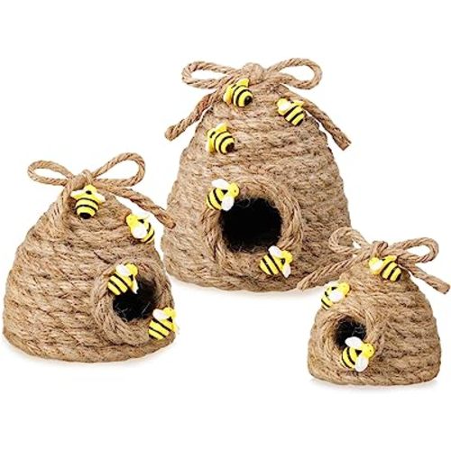 Jutom 3 Pcs Bee Hive Decor Honey Bee Tiered Tray Decor Summer Spring Honeybee Decorations Mini Jute Farmhouse Beehive for Kitchen Table Shelf Home Coffee Bar Themed Party(Vintage Color)