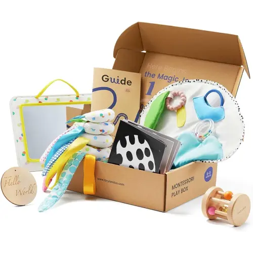 Tiny Land Montessori Baby Toy Set 0-3 Months Newborn Development Sensory Play Kit - 5-in-1 Mirror, Black & White Card Set, Rolling Bell, Play Mat, and Bed Wrap
