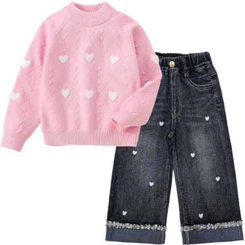 Peacolate 2-7T Spring Fall Little Girls 2pcs Clothing Set Heart Knit Sweater and Straight Jeans