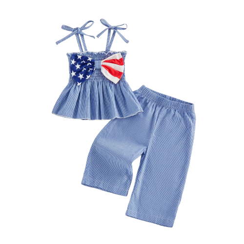 Loicainy Baby Toddler Kids Girl 4th of July Clothes 6 9 12 18 24 Months 2T 3T 4T 5T 6T Star Striped Bow Tie Shoulder Smocked Babydoll Tops and Wide Leg Pants 2 Piece Plaid Summer Outfits Set