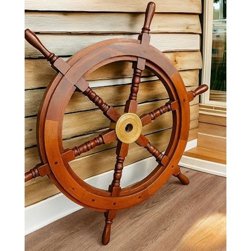 Bhartiya Handicrafts Nautical Ship Wheel for Wall Decor Rustic Wooden Pirate Boat Steering Wheel with Brass Hub – Handmade Captain’s Wheel for Nautical, Beach & Coastal Décor (30 Inch)