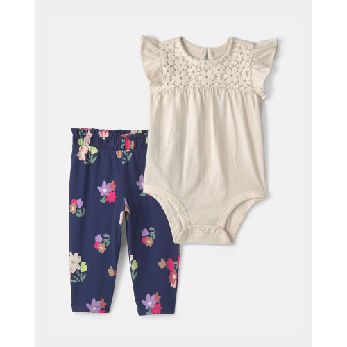 Baby Girl 2-Piece Eyelet Bodysuit & Pant Set - Cream/Blue | Carter’s Oshkosh Canada