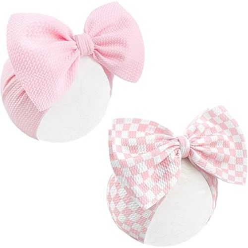 YanJie 2PCS 7’’ Light Pink Bows for Baby Girls Checkered Headband Pink Bow Infants Toddler Hair Accessories Newborn Headbands Hair Bow Baby Clothes