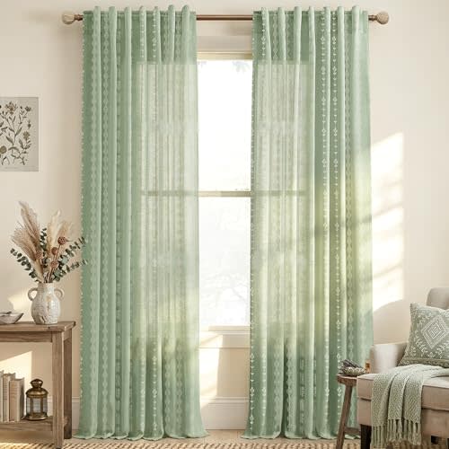 Light Green Floral Linen Spring Curtains for Living Room, 96 Inch Semi Sheer Boho Cottage Farmhouse Drapes for Bedroom Living Room, 50“ W x 96” L, 2 Panel Set
