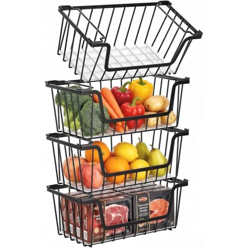 SUNALLY Stackable Storage Bins 4 Pcs Wire Baskets for Pantry Organizers and Storage, Vegetable Fruit Storage Basket for Countertop Organizer,Kitchen Baskets for Onion Potato Snack Cans Storage,Black