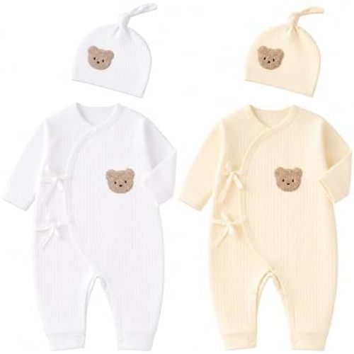 2-Pack 100% Cotton Newborn Baby Clothes Set - Side Kimono Romper with Hat, Essential Coming Home Outfit for Boy Girl