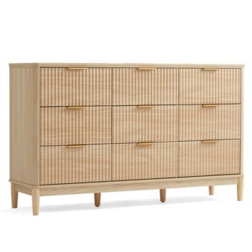 LINSY HOME Fluted 9 Drawer Dresser for Bedroom, Mid Century Modern Large Chest of Drawers with Gold Metal Handles, Wide Boho Wood Dressers, Oak