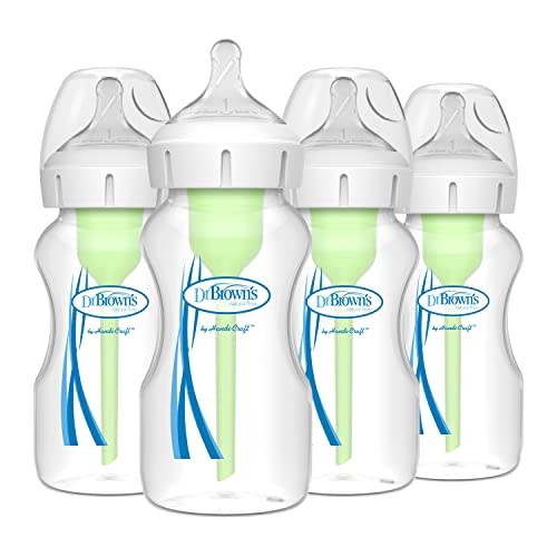 Dr. Brown's Natural Flow Anti-Colic Options+ Wide-Neck Baby Bottles 9 oz/270 mL, with Level 1 Slow Flow Nipple, 4 Count, 0m+
