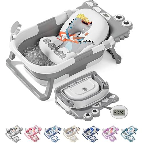 TPN Collapsible Baby Bathtub, Baby Bath Tub with Soft Cushion & Real-Time Thermometer, Baby Bathtub Infant to Toddler Tub (0-36 Months), Portable Newborn Travel Bath tub