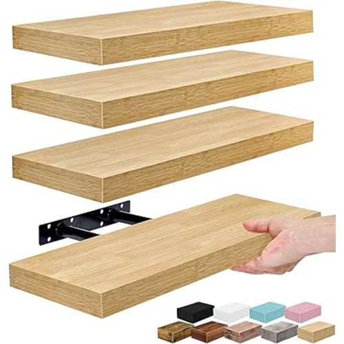 Sorbus Floating Shelves for Wall – 16 Inch Floating Shelf for Kitchen, Bedroom, Living Room, Bathroom, Home & Wall Decor - Mounted Bathroom Shelves with Invisible Brackets (Maple Wood, 4 Pack)