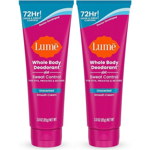 Lume Whole Body Deodorant Plus Sweat Control - Smooth Cream Tube - 72 Hour Odor And Sweat Control - Baking Soda Free, Skin Loving - 3.0 ounce (Pack of 2) (Unscented)