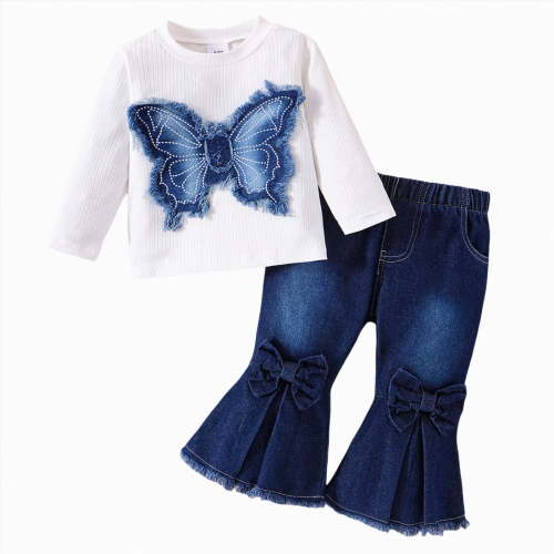 mgoYE Baby Girl Clothes 0-3 Months Toddler Baby Girls Clothes Fall Winter Ribbed Top Little Kids Girl Denim Outfits Jeans Flare Pants (Blue,9-12 Months)