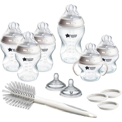Tommee Tippee Natural Start 12 Piece BPA Free Bottle Set, Includes 2 x 5oz, 3 x 9oz, 1 x 11oz bottles, Newborn 0+ months, Slow, Medium & Thicker Flow Breast-Like Nipples, Cleaning Brush, Clear