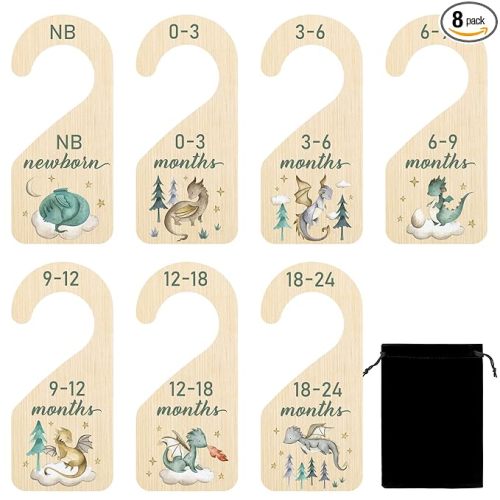 R HORSE Wooden Baby Closet Dividers - 8Pcs Dragon Baby Closet Organizer, Double-Sided Newborn Clothes Size Hanger Dividers, Nursery Decor Birthday Gift for Boy Girl (0-24 Months)