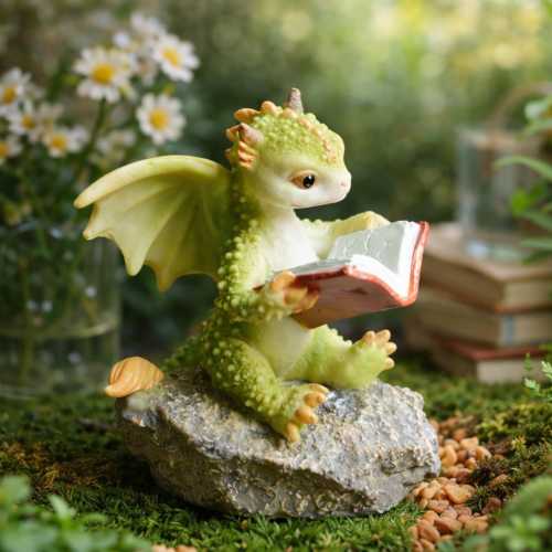 Reading Dragon Figurine, Miniature Baby Dragon on Rock Statue, Cute Dragon Book Lover Gift, Dragon Collector Gift, Shelf Sitter Ornament.