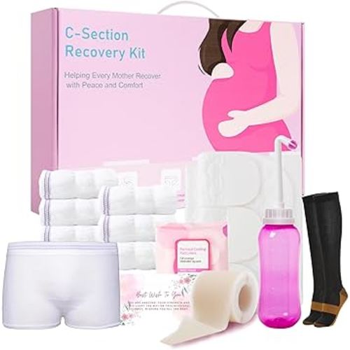 C Section Recovery Must Haves Kit - Peri Bottle,Disposable Mesh Underwears,Witch Hazel Pad Liners,Silicone Scar Patches, Abdominal Belly Binder,Socks,C-Section Recovery Essentials Kit