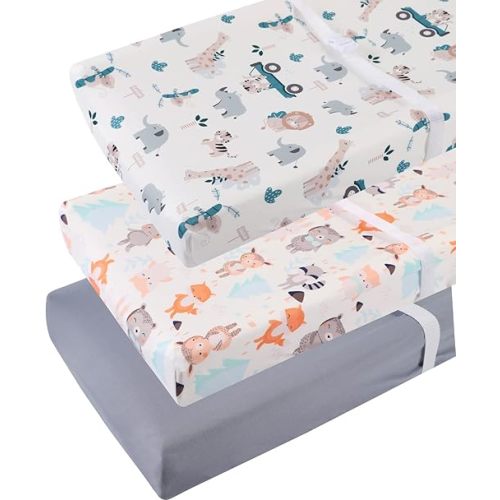 Changing Pad Cover Set 3 Pack Jersey Knit Ultra Soft for Baby Boys Girls Elephant Tiger/Fox/Grey