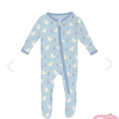 Print Footie with 2 Way Zipper in Spring Sky Stork