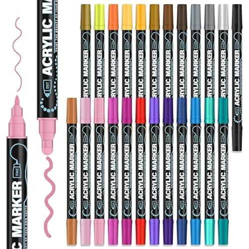 Acrylic Paint Markers, 24 Colors Dual Tip Acrylic Paint Pens for Rock Painting, Fabric, Wood, Canvas, Stone, Glass, Scrapbook, DIY Crafts & Art Supplies - Easter Basket Stuffers.