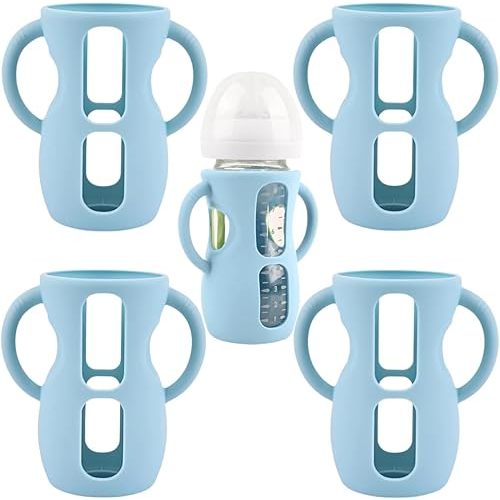 4 Pack Silicone Sleeves for Avent Natural Glass Baby Bottles, Silicone and Easy-Grip Handles for Drop Protection, Compatible with Philips Avent 4/8 OZ Glass Bottle (Light Blue, 8 OZ)