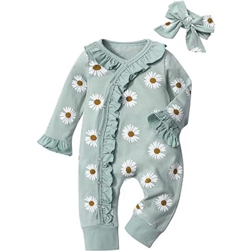 Infant Newborn Baby Girl Clothes Onesies for Baby Girl Long Sleeve Ruffle Baby Clothes with Headband