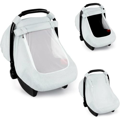 Muslin Car Seat Covers for Babies, Summer Baby Car Seat Cover for Boys Girls with Breathable Window, Lightweight Infant Car Seat Canopy, Gray