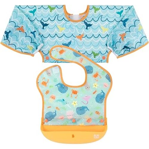 Bumkins Silicone Bibs for Girl or Boy, Baby and Toddler 6-24 Mos, Essential Must Have for Eating, Feeding, Combination Fabric SuperBib and Long Sleeve, Attachable Pocket Food Catcher, Ocean Life Blue