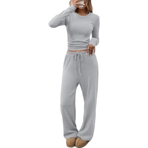 CHYRII Womens Two Piece Sets Fall Fashion Striped Long Sleeve Tops Wide Leg Palazzo Pants Outfits Loung Sets